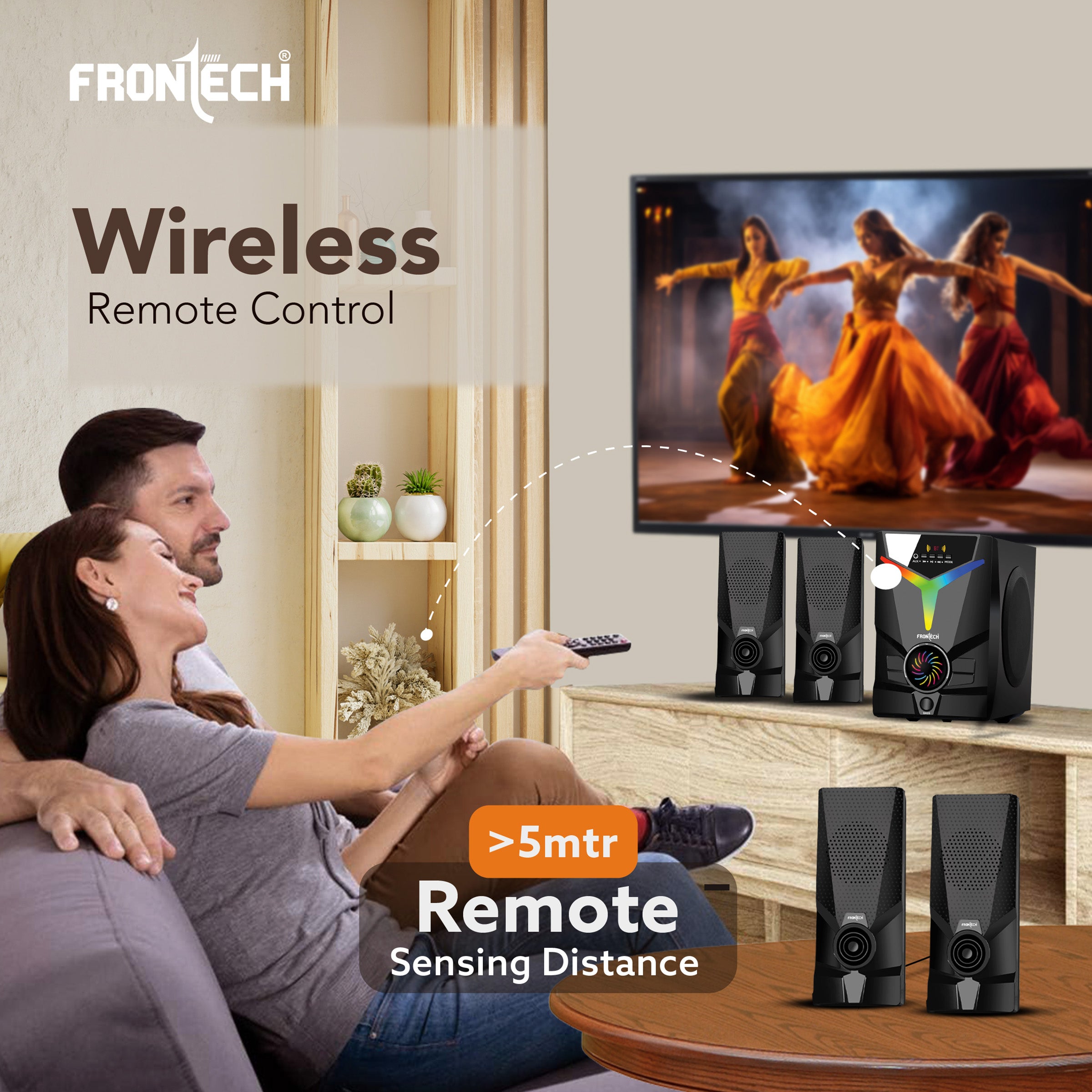 FRONTECH 60W Bluetooth 5.0 Multimedia Speaker| Powerful Bass | 4.1 Channel |Surround Sound System | USB | AUX | FM Radio | Wireless Remote Control for Home & Office (SW-0155) FRONTECH 60W Bluetooth 5.0 Multimedia Speaker| Powerful Bass | 4.1 Channel |Surround Sound System | USB | AUX | FM Radio | Wireless Remote Control for Home & Office (SW-0155)